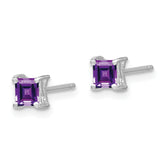 Sterling Silver 4mm Princess Amethyst Stud Earrings with Rhodium Finish